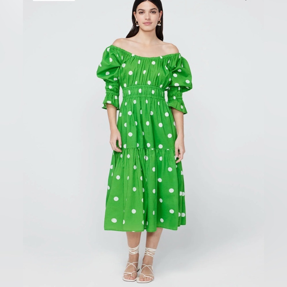 Kitri Margot Green Polka Dot Midi Dress 
Off-Shoulder Dress size 10 large
